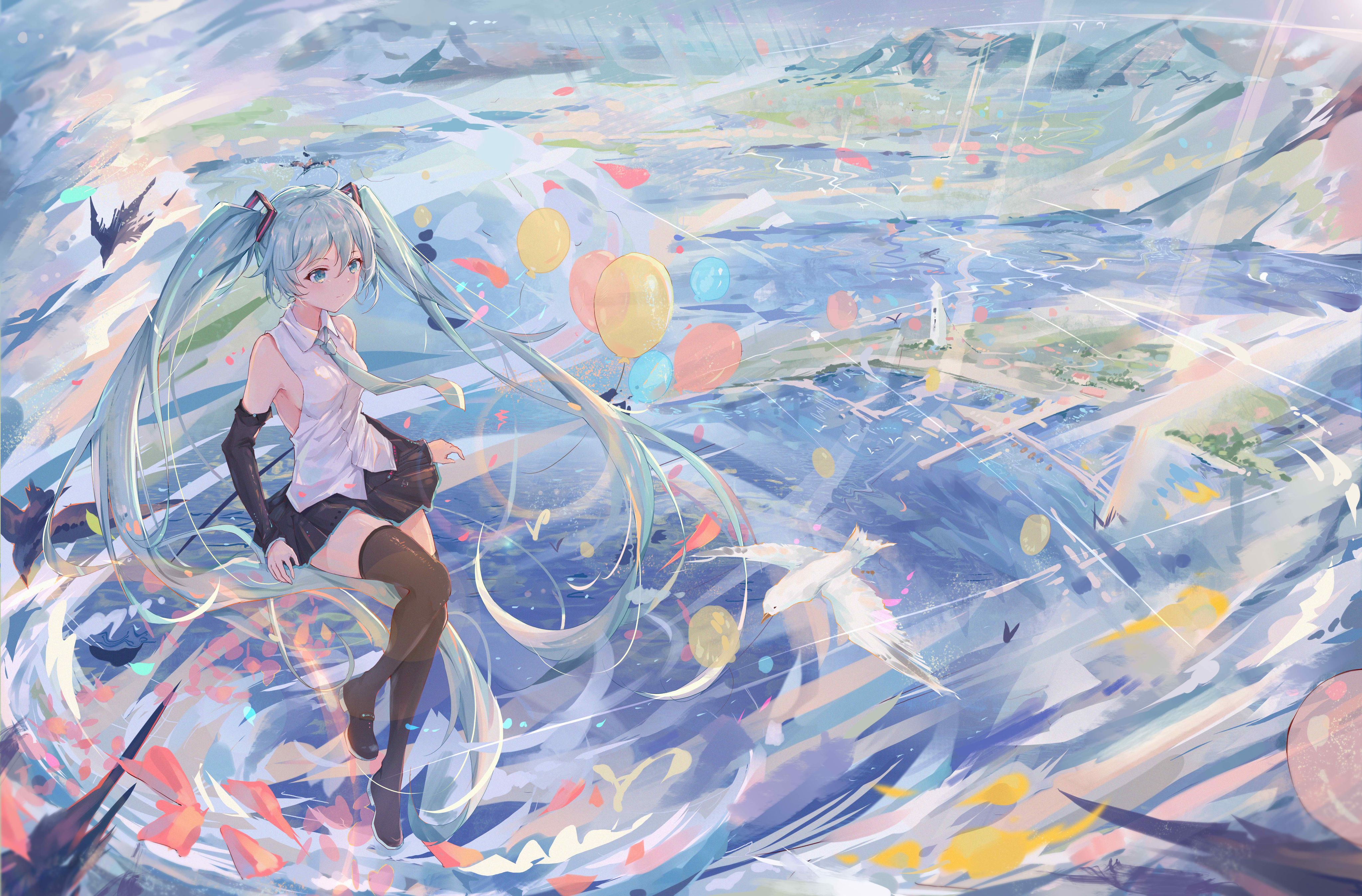蓝色调插画中的少女、气球和水面